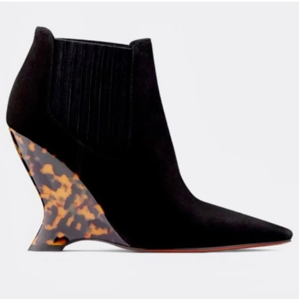 DIOR Optic-D Black Suede Chelsea Ankle Boot 37.5 Sculpted Tortoiseshell Wedge